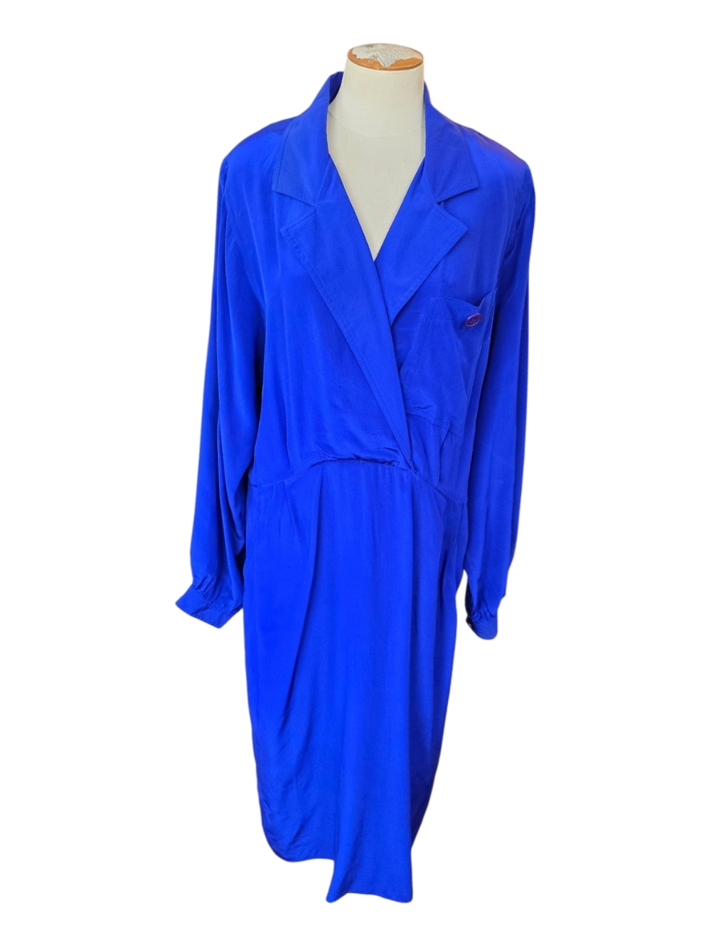Vintage 1980s Leslie Fay 100% Silk Cobalt Blue Shirt Dress Long Sleeve Womens Si - Picture 3 of 14